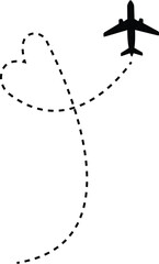 Fototapeta premium Airplane line paths icon. Aircraft tracking planes, travel, map pins, location pins vector isolated on transparent background. Romantic travel, heart dashed line trace and plane routes.