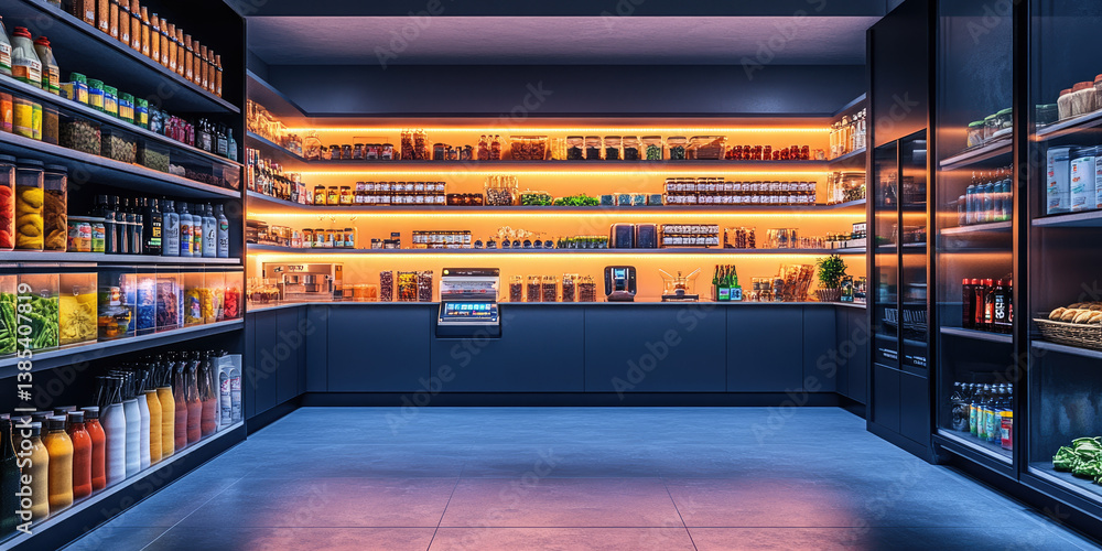 Poster beautifully organized smart pantry with automated shelves and barcode scanning technology for effici