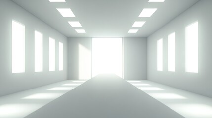 Obraz premium Bright white room, pathway, light, windows, design, backdrop