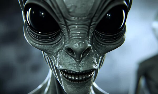 Unearthly beings with sleek skin, large eyes, and thin features create an unsettling, enigmatic presence