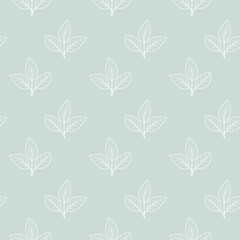 Elegant seamless pattern featuring delicate white leaf sprigs on a soft blue background.