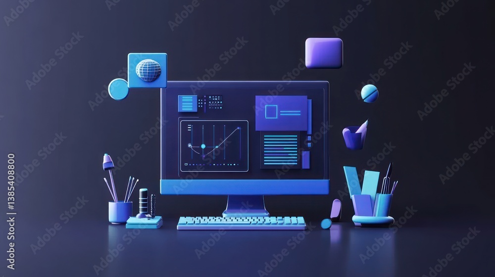 Poster 3d rendered modern workspace with computer