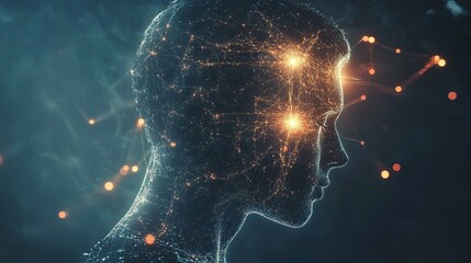 Digital silhouette of human head with glowing neural connections representing brain activity and technology