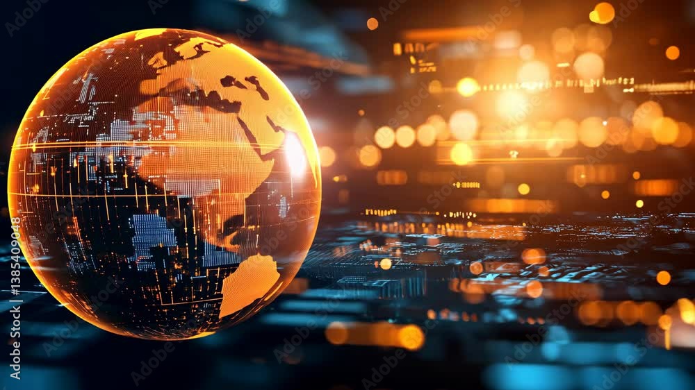 Poster digital globe: a holographic earth connecting through technological networks and blurring the lines 