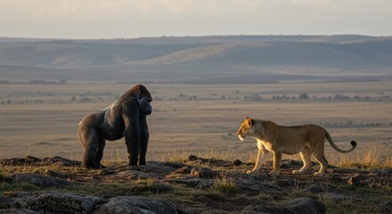 A gorilla stands confidently next to a lioness in the fading light of the African savannah, highlighting their unique coexistence.