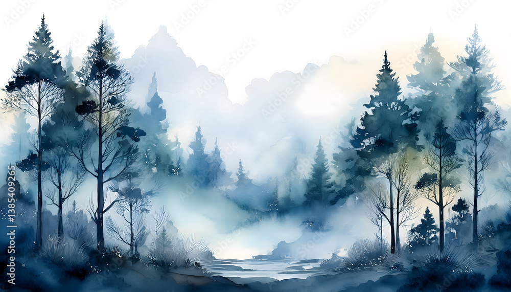 Poster a misty landscape with layers of evergreen trees receding into hazy mountains