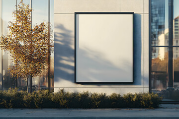 Urban landscape featuring a blank square sign on a building facade for advertisement