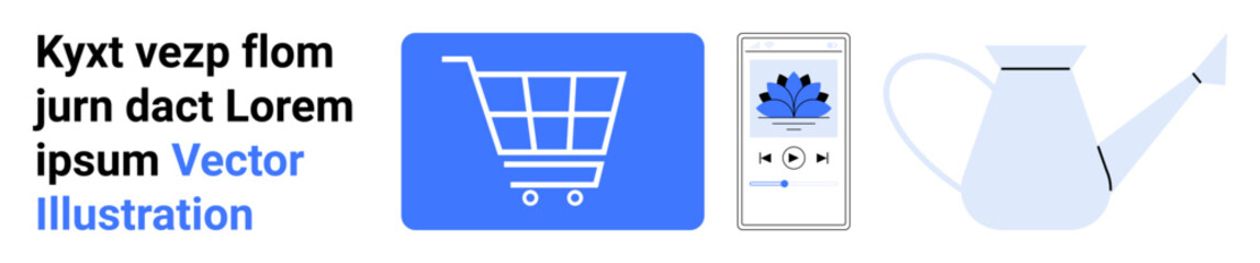 Shopping cart, media player on smartphone screen, and watering can conveying retail, media, and nurturing. Ideal for e-commerce, mobile apps, gardening, growth technology business and simple