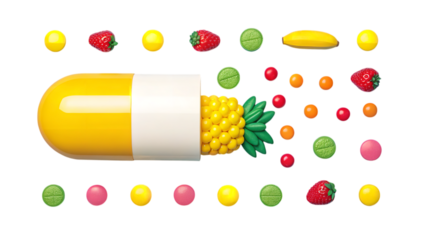 A vibrant yellow capsule bursting with a juicy pineapple and assorted tropical fruits, representing wholesome goodness and natural vitality in a bright, playful style.