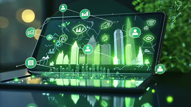 A tablet screen showcases a dynamic CO2 emissions graph highlighting the path to Net Zero by 2050.