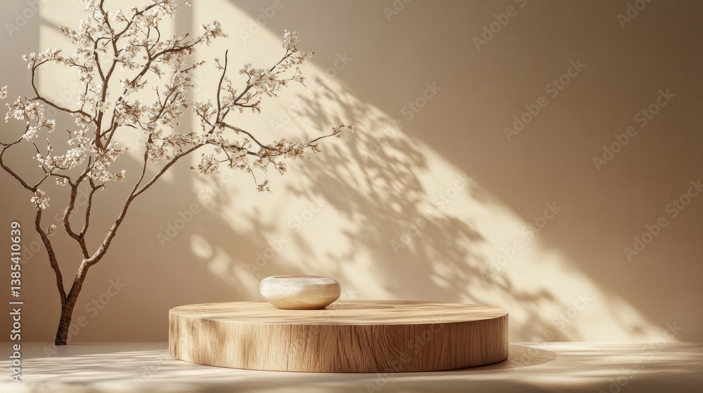 Poster A beautifully arranged setting features a smooth, round wooden platform illuminated by soft sunlight, casting gentle shadows. A minimalistic stone sits atop while a blooming tree adds elegance