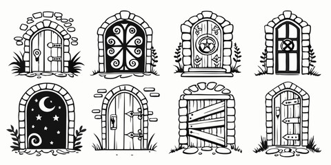 Set of Cartoon Fairytale Fantasy Arched Doors Black and White Line Art Stone Wood Drawings