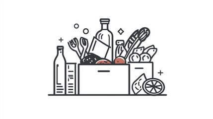 Naklejka premium A minimalistic illustration of grocery boxes filled with food and drink items on white background