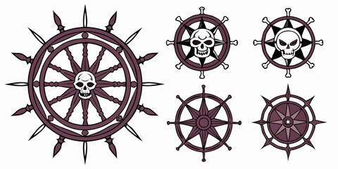 Pirate Ship Wheel Vector Art Nautical Skull Marine Design Set Clip Art Illustrations Sea Ocean Theme Pirate Nautical Symbol Graphics