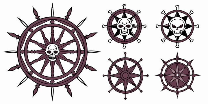Pirate Ship Wheel Vector Art Nautical Skull Marine Design Set Clip Art Illustrations Sea Ocean Theme Pirate Nautical Symbol Graphics