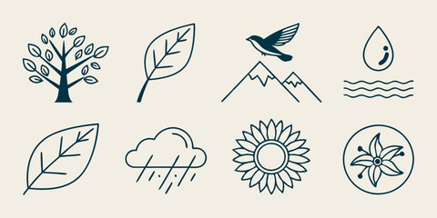 Nature Line Art Icons: Tree Leaf Bird Mountain Water Flower Vector Set