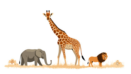 Obraz premium Animal safari line art illustration featuring outlined giraffe, elephant, and lion in muted earth tones 