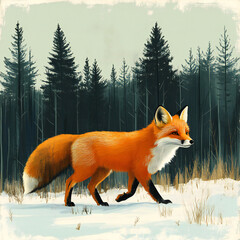 Fototapeta premium A bright orange fox trotting across a snowy winter landscape, with tall pine trees in the distance