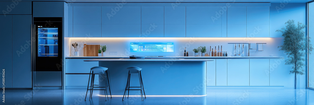 Poster futuristic smart kitchen with advanced holographic interface, touch screen controls, and high-tech d
