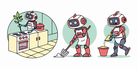 Cute Cartoon Robots Home Cleaning Illustration