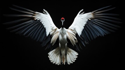 Fototapeta premium Crane in Flight Against Black Background. Possible use Stock Photo
