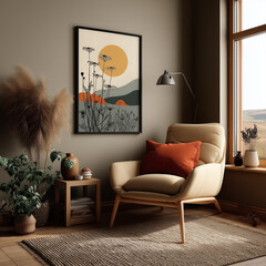 Tranquil living space with a modern art print and warm colors  
