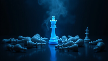 dramatic chess scene featuring glowing blue king surrounded by fallen pieces, evoking sense of mystery and strategy