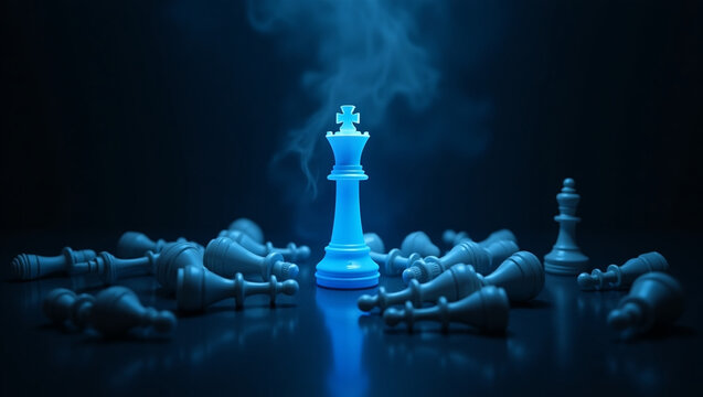 dramatic chess scene featuring glowing blue king surrounded by fallen pieces, evoking sense of mystery and strategy