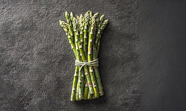 Fresh asparagus spears bundled neatly, displayed against a dark, textured surface, highlighting their vibrant green color