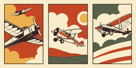 Vintage Art Deco Airplane Posters - Retro Aviation Art Prints - 3 Panel Set of Classic Biplanes & Monoplanes Flying High