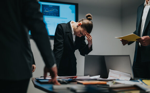 A group of business professionals facing challenges in a workplace environment, showcasing teamwork under pressure. The image highlights stress in corporate settings and the dynamics of problem