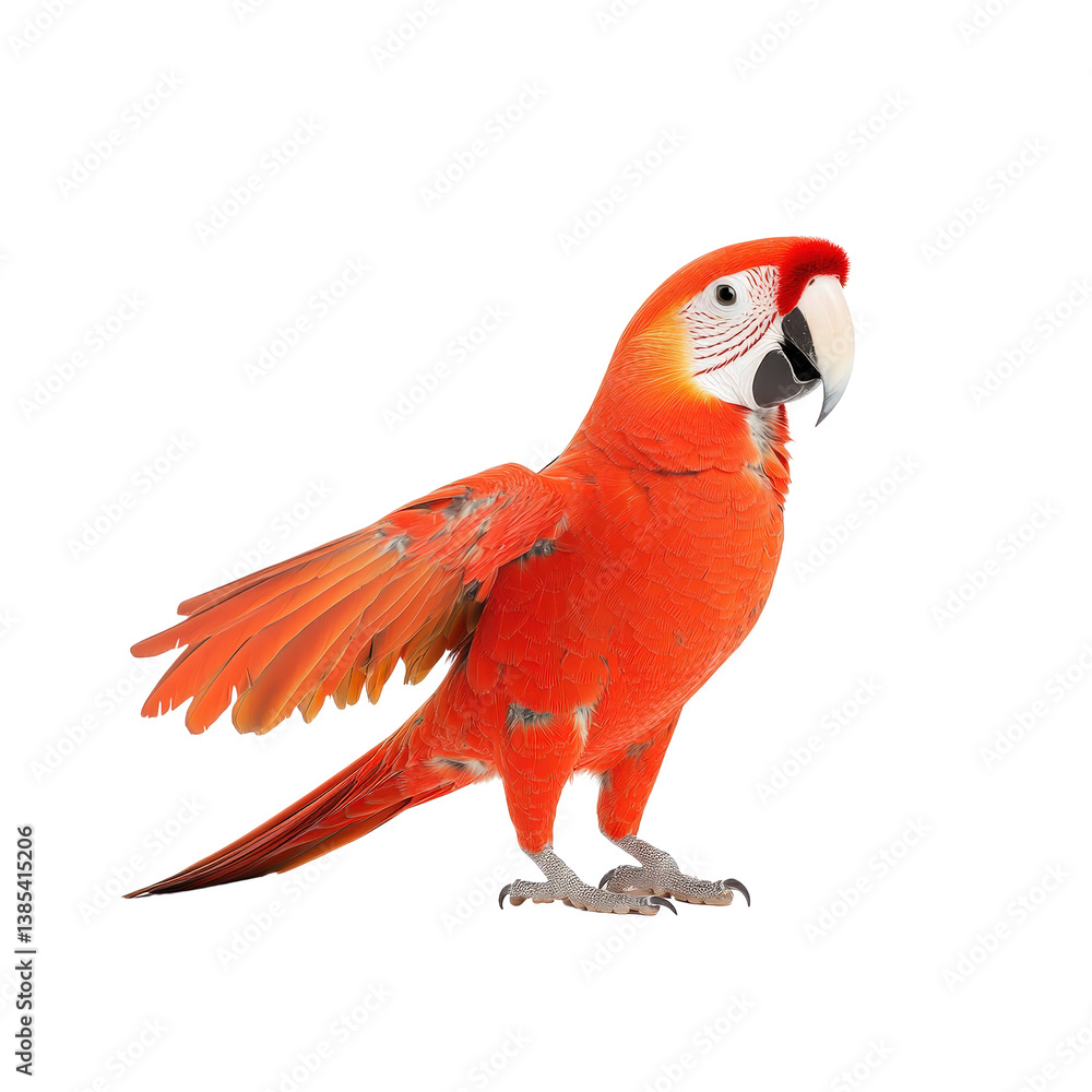 Poster vibrant scarlet macaw parrot displaying colorful feathers and open wings in studio setting