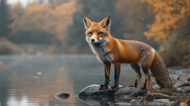 Hermoso zorro rojo de pie sobre unas piedras sobre la superficie del agua. Muy concentrado en su presa. Foto de vida silvestre en estado puro.
