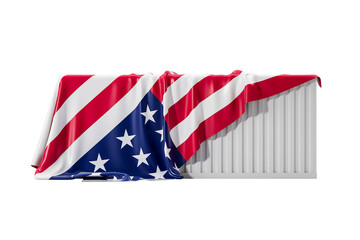 Naklejka premium Cargo container covered with USA flag fabric on white background, representing US import tariffs, tax increase, and trade concept. 3D Rendering