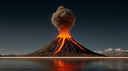 Night Volcanic Eruption with Lava Flow Reflected in Calm Water