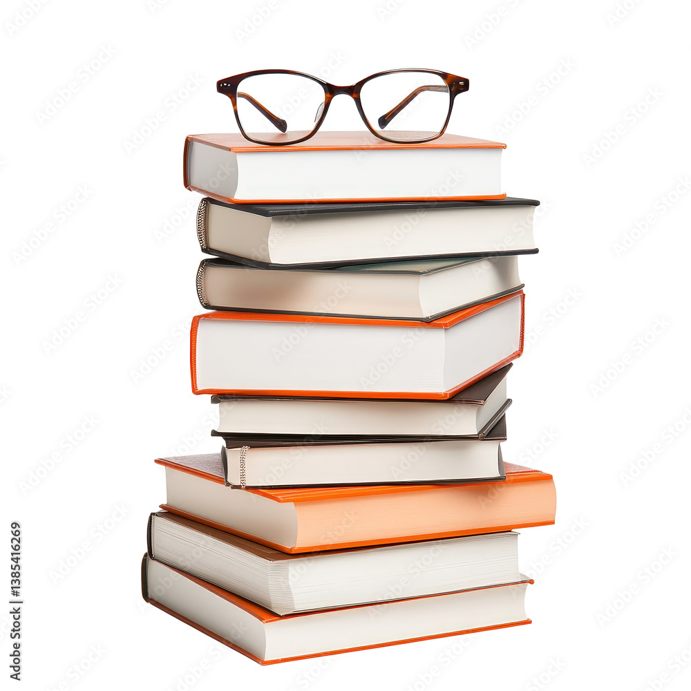 Poster stack of books with reading glasses on top in a thoughtful study environment