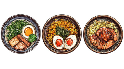 Delicious bowls of assorted Asian cuisine.