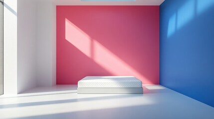 Modern bedroom with pink and blue walls, showcasing a bed, interior design