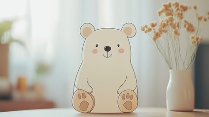 Cute cartoon polar bear figurine on table by flowers