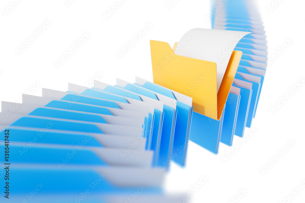 Poster yellow file folder icon among many blue folders arranged in a dynamic curve, isolated on white backg