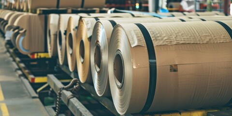Industrial close up rolls placed in a warehouse paper aluminum steel or steel metal sheet inventory.