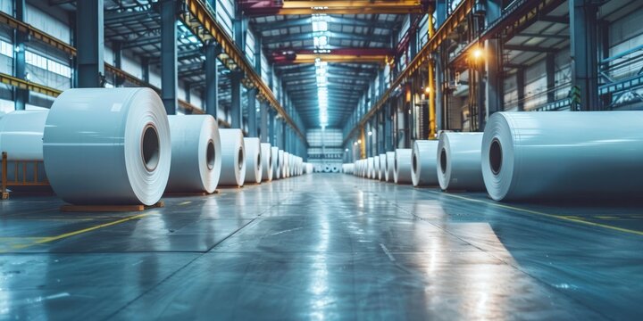 Industrial roll placed warehouse raw material manufacture factory product storage alloy cardboard commercial.