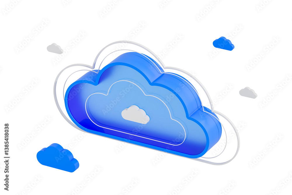 Poster blue cloud icon with layered 3d design, surrounded by small clouds, isolated on white background. co