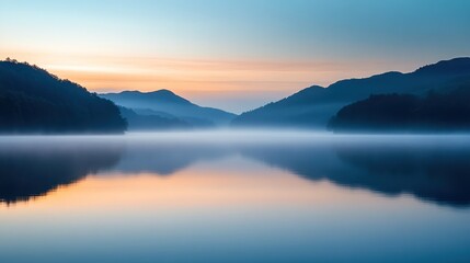 Fototapeta premium Misty Sunrise over Calm Lake, Mountain Reflection