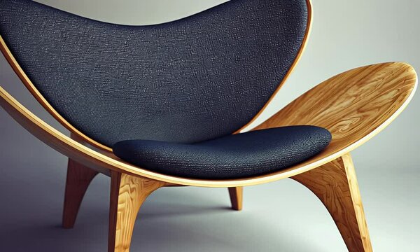 Elegant chair with a wooden frame and a dark fabric seat and backrest on a light background