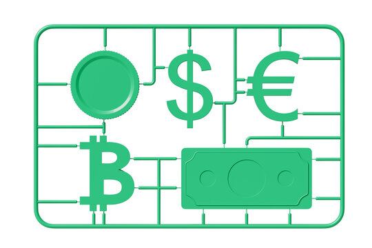 Green plastic model sprue with coin, dollar, euro, bitcoin, and bill shapes in isolated closeup style on white background. Concept of currency and finance. 3D Rendering