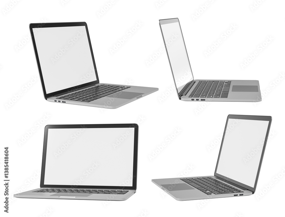 Poster four silver laptops shown from different angles with blank screens, clean design style, isolated on 
