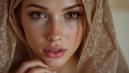 Fototapeta premium Close-up Portrait of Woman with Beautiful Skin and Soft Makeup in Elegant Headscarf