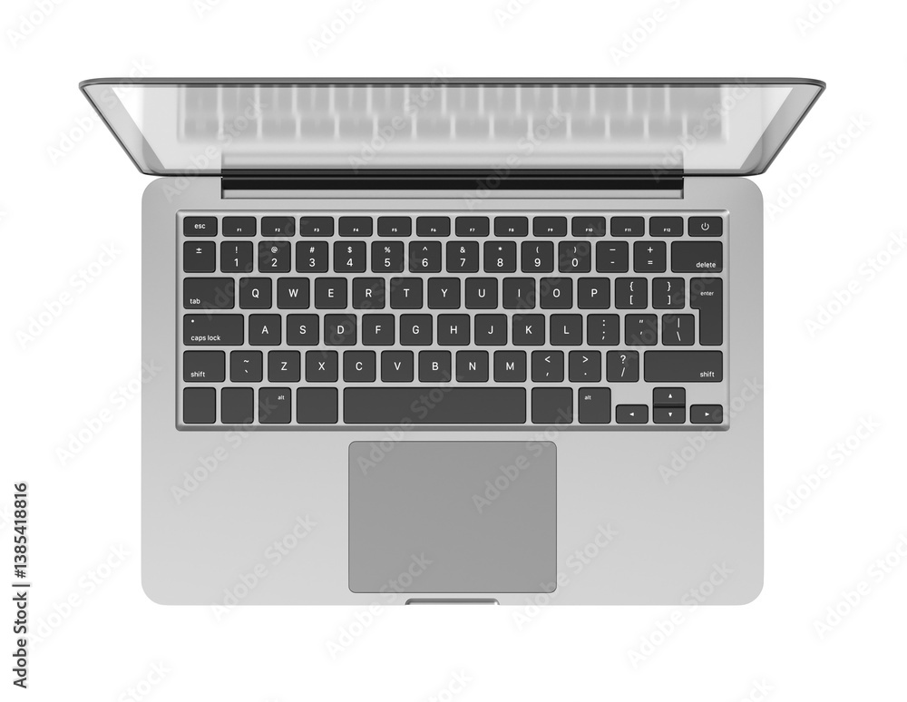 Fototapete open silver laptop top view with visible keyboard and trackpad, isolated graphic style on white back