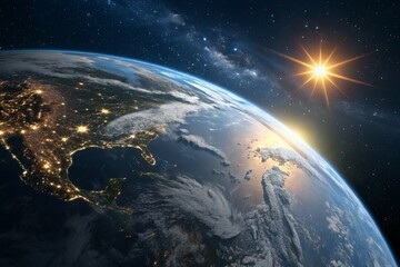 Obraz premium Earth from Space Sunrise City Lights